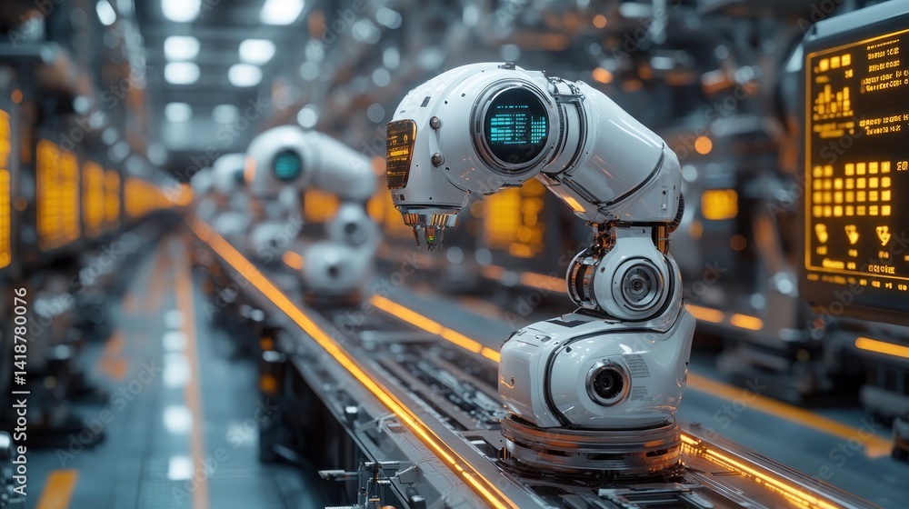 Poster futuristic robotic assembly line: advanced automation in manufacturing