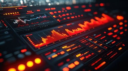 Complex financial data dashboard.  Displays various graphs, charts, and indicators, all in a high-tech, dark interface with prominent red highlights.  Visualizes market trends and performance metrics