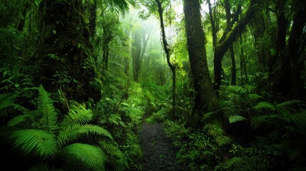 Obraz premium Lush rainforest path, misty jungle, vibrant foliage, nature's grandeur