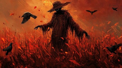 A creepy scarecrow with tattered clothes standing in a haunted cornfield, surrounded by crows and swirling autumn leaves.
