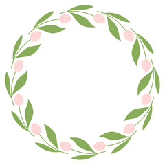 Floral Frame, Pink Tulip Flowers Wreath, Circle frame, wildflowers. Vector Illustrations. Spring, Summer time. Mothers Day