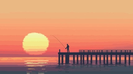digital illustration depicts a minimalist scene: a lone fisherman silhouetted against a majestic and colorful sunset. The color scheme is dominated by warm oranges, yellows and reds, creating a.