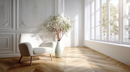 Bright Room with Armchair and Tree Branch in Vase by Window