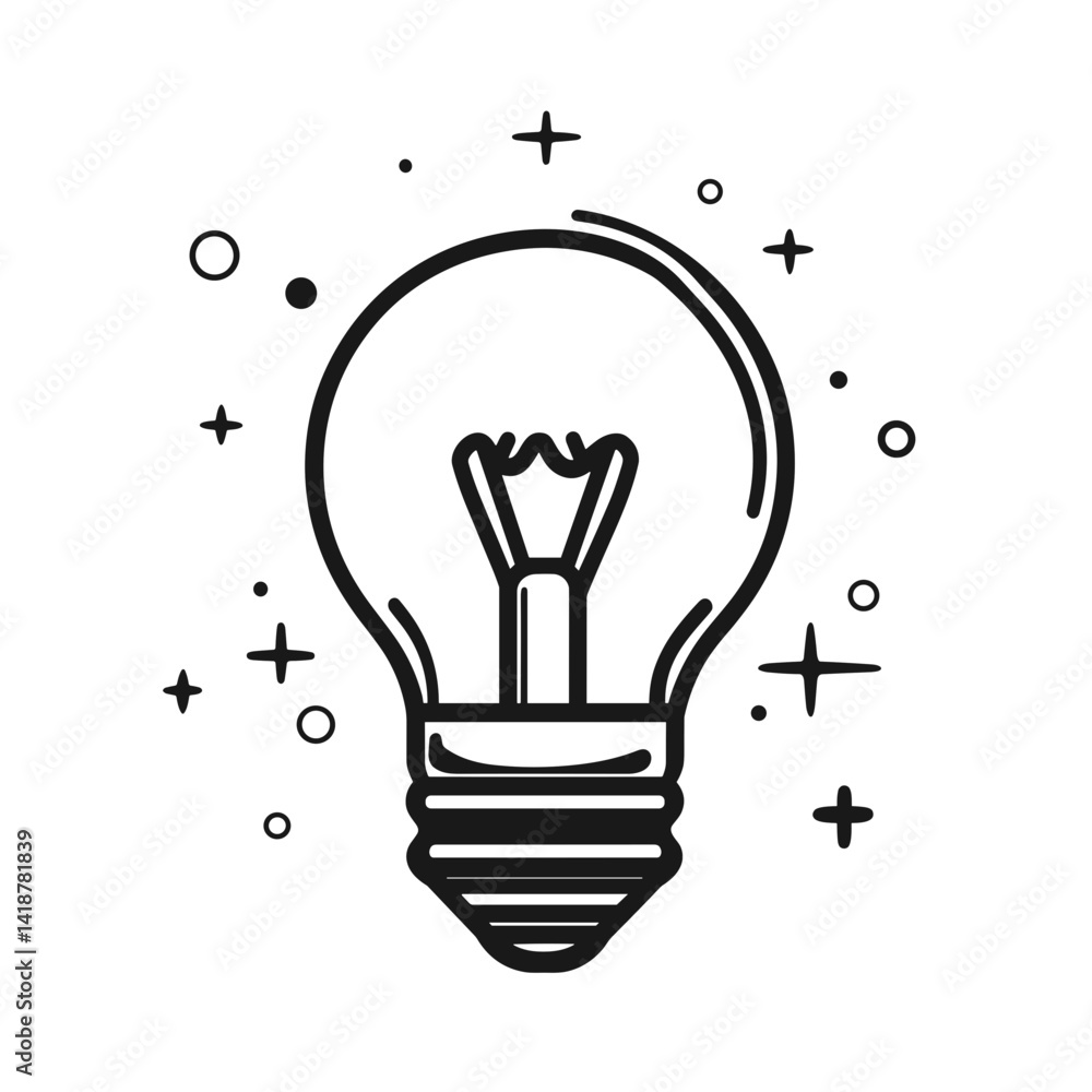 Poster minimalist lightbulb icon with sparkles and dots