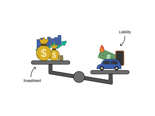 Investment assets and liabilities on a scale, showcasing financial balance. Suitable for financial reports, presentations, and educational materials on finance.