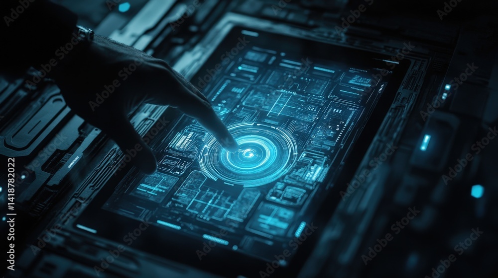 Poster a cyber intruder utilizing an advanced touchscreen interface to crack a digital lock, the tablet fli