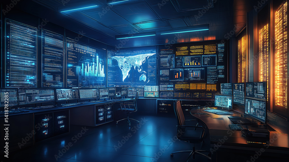 Poster high tech control hub with blockchain analytics and digital surveillance screens