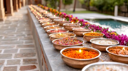 Fototapeta premium Colorful offerings in copper bowls at a ceremony