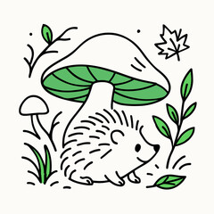 Cute hedgehog under a green mushroom in a natural setting  