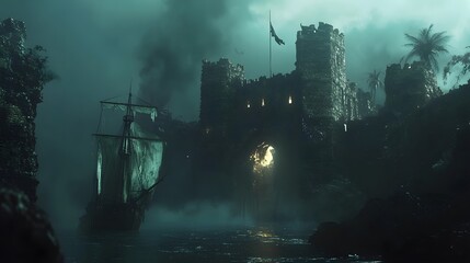 Ship approaching a mystical castle