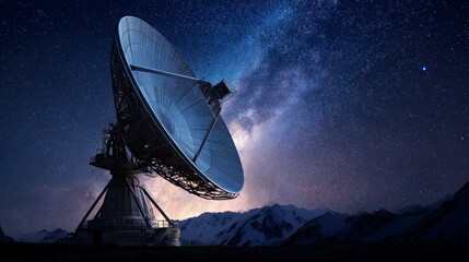 Observatory Antenna Under Starry Night Sky with Mountains