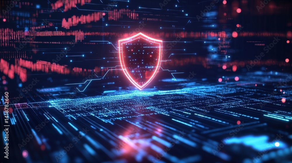 Poster a cyber security landscape with a glowing shield at its center, lines of encrypted code streaming in
