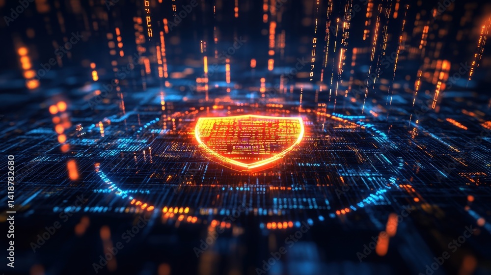 Poster a cyber security landscape with a glowing shield at its center, lines of encrypted code streaming in
