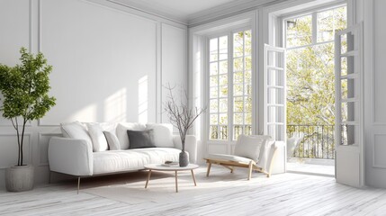 Living Room Interior with White Furniture and Open Balcony Doors