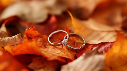 Two wedding rings rest on vibrant autumn leaves.