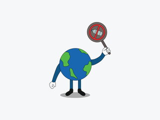 Earth character holding a signboard with an anti-plastic bottle symbol, promoting environmental awareness and sustainability