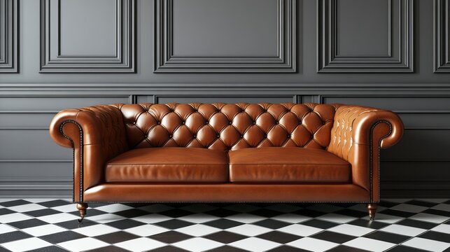 Luxurious brown leather chesterfield sofa against an ornate dark gray wall