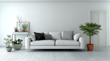 Living Room Interior with Couch and Potted Plants