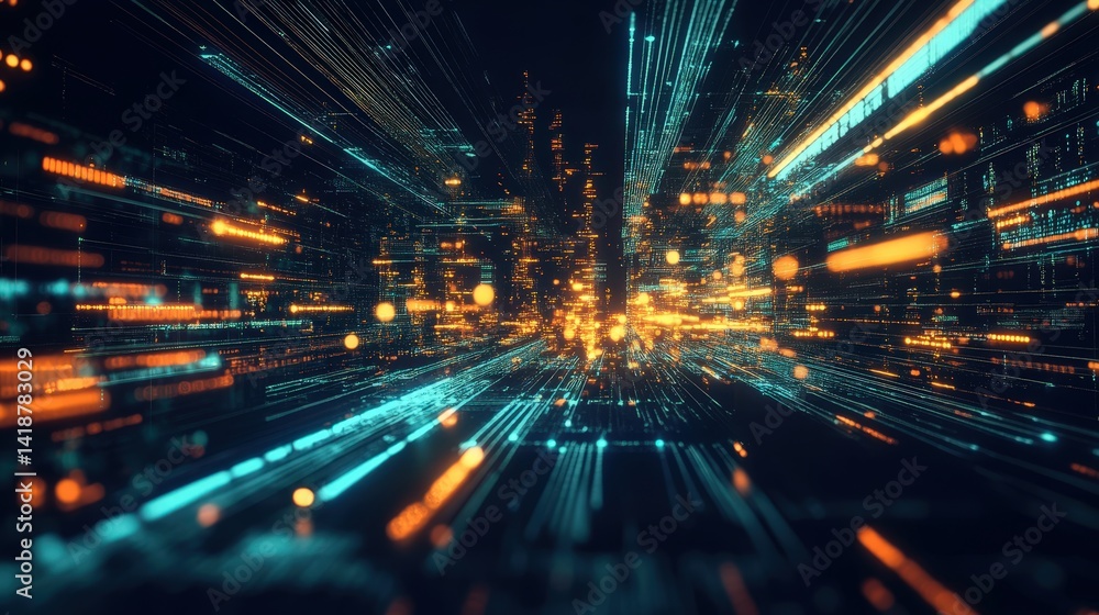 Poster art piece with dynamic, glowing streaks of data moving in perfect harmony across a digital network.