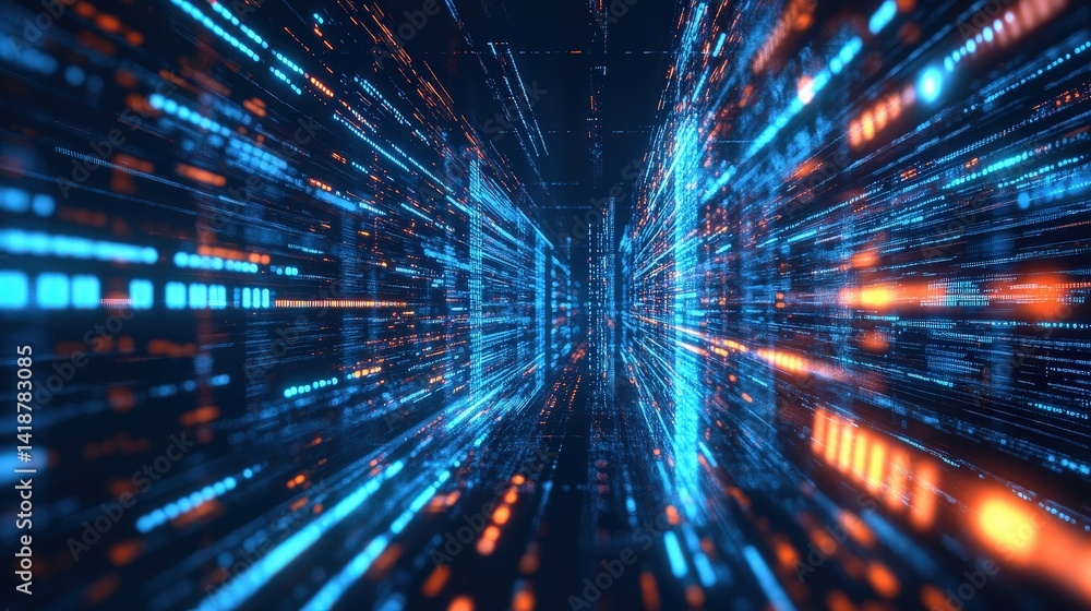 Poster art piece with dynamic, glowing streaks of data moving in perfect harmony across a digital network.