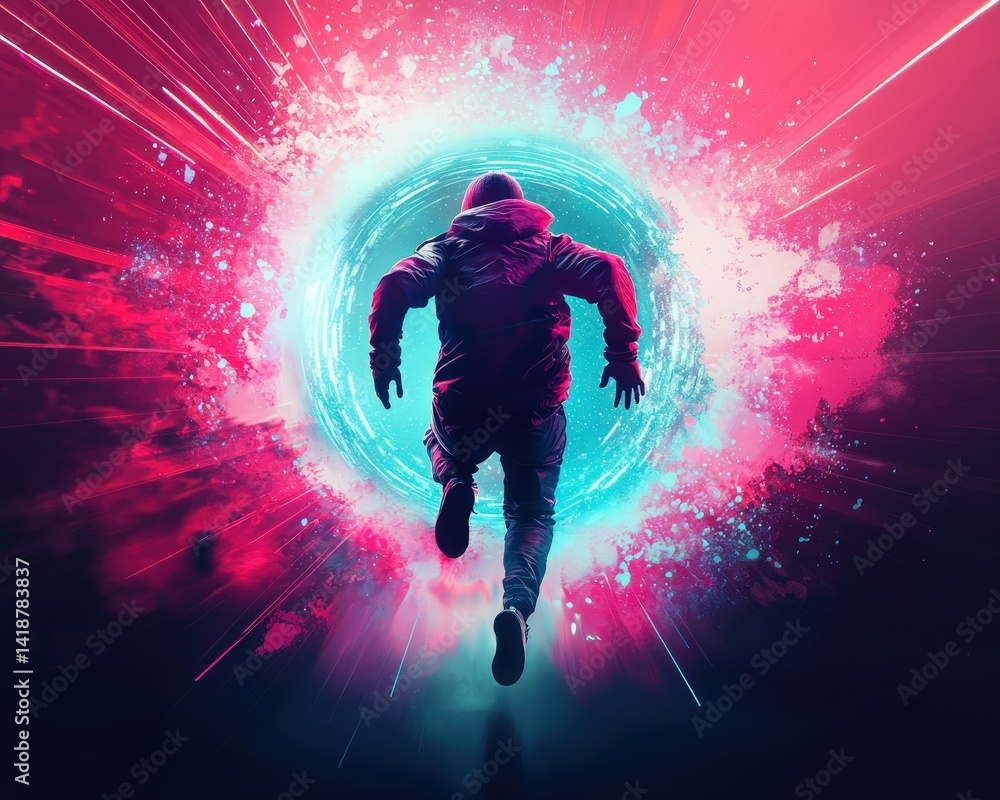 Wall mural a man is running through a large hole in a colorful background