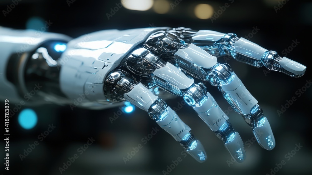 Poster a cybernetic hand with sleek metallic design and neural connections, depicting the future of ai and 