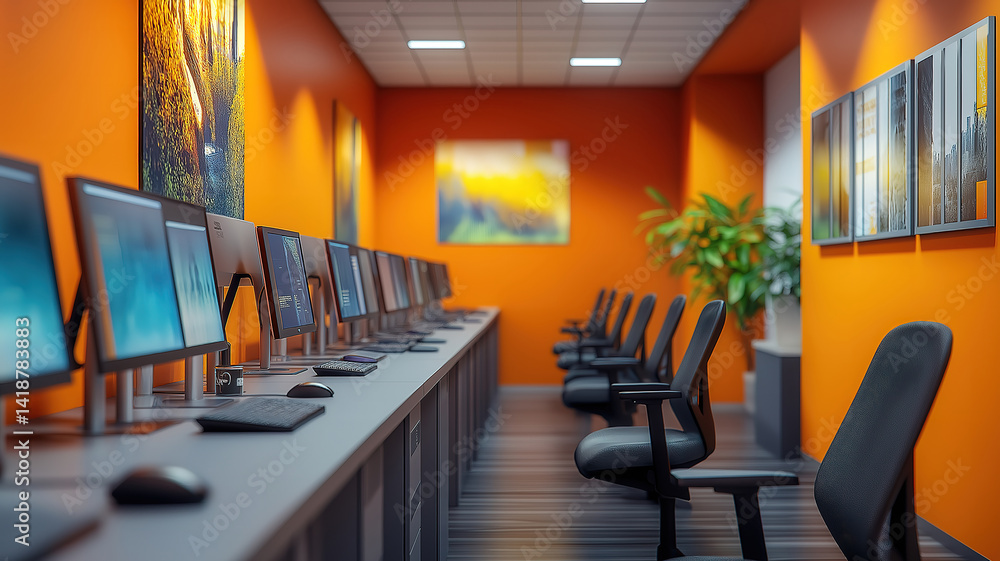 Poster call center environment with employees managing customer queries through phone systems