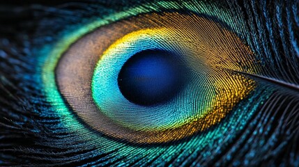 Obraz premium Close-up of a vibrant peacock feather, showcasing intricate details and iridescent colors.