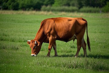 Brown and white cows, domestic livestock and grazing mammals, dot the green pasture and rural landscape