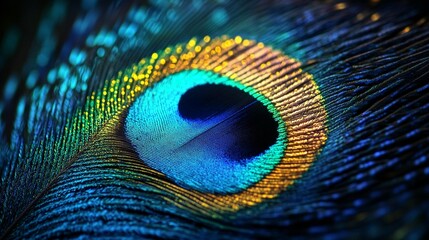 Obraz premium Close-up of a vibrant peacock feather showcasing intricate details, iridescent colors, and textures.