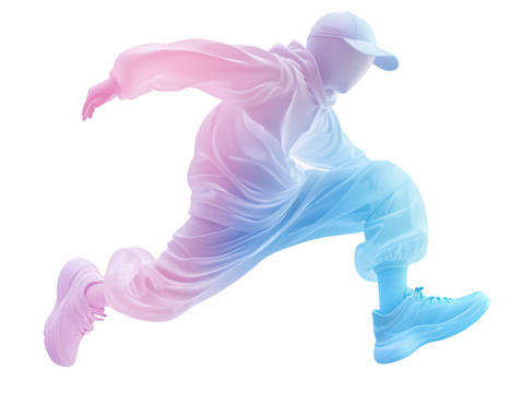 Dynamic action, man running in white shirt and blue pants a picture of fitness motion