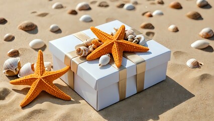 Summer Beach Gift Box with Starfish and Seashells on Sand