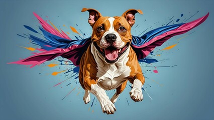 Superhero Dog Flying with Cape Colorful Abstract Background