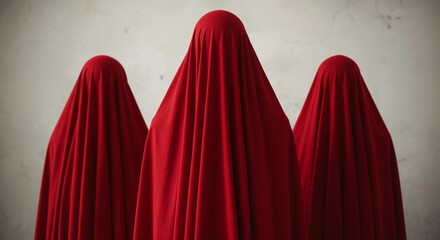 Mysterious figures in red cloaks standing against a plain background  