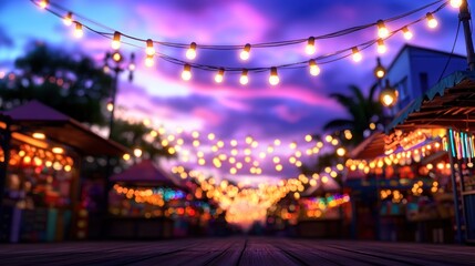 Evening illuminated street market with string lights and stalls