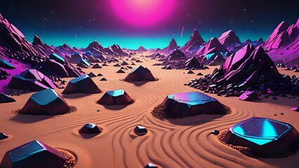 Surreal Desert Landscape with Rocks Under Neon Sky and Bright Sun