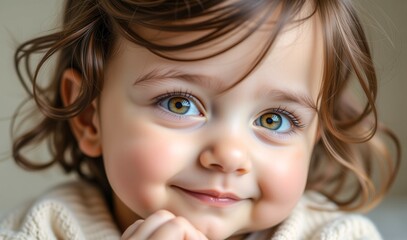 A young girl with brown hair and green eyes is smiling. She is wearing a white sweater and is looking at the camera