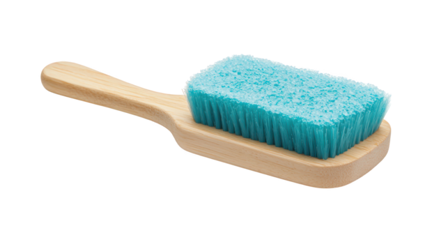 Closeup of a wooden convert with blue bristles on clean background