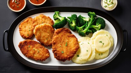 Fototapeta premium A delicious meal display featuring crispy breaded cutlets, creamy mashed potatoes, vibrant broccoli, carrots, and fresh tomatoes on a dark wooden table
