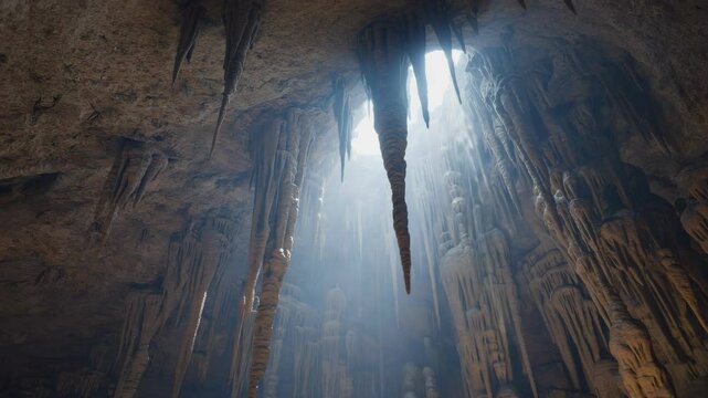Sunlight streams into a deep cavern illuminating limestone stalactites and stalagmites in an underground cave system creating an ethereal scene.