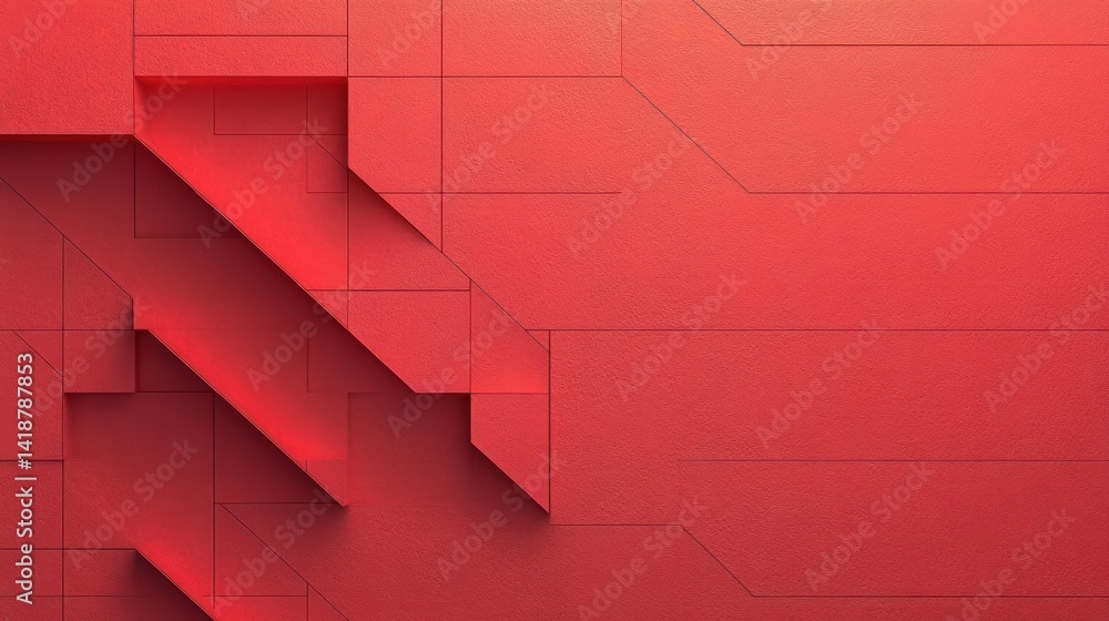 Poster coral red geometric isometric tiles background with soft ambient light and negative space