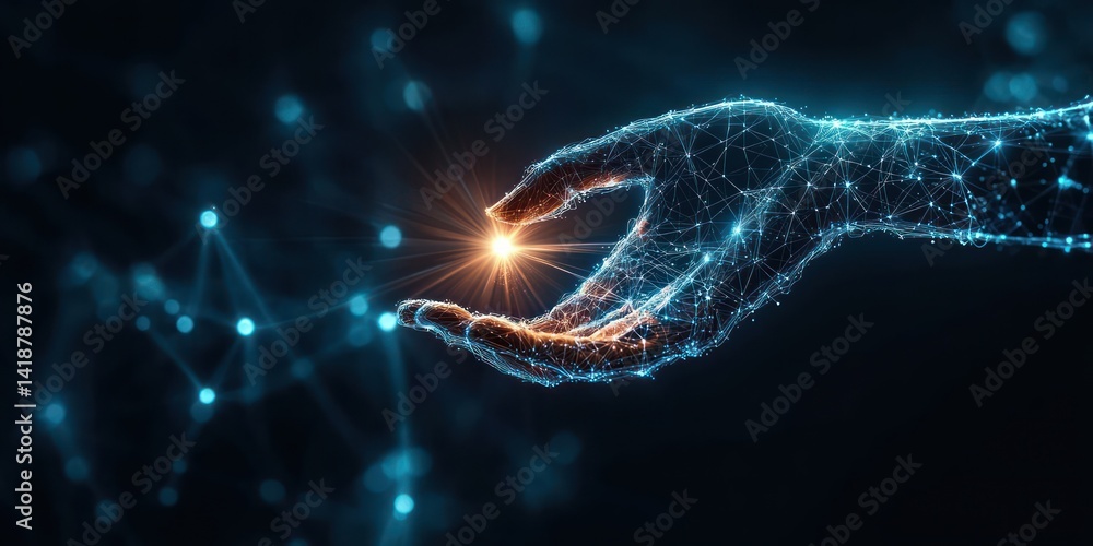 Poster futuristic digital interaction with human hand reaching glowing light in complex network cyberpunk s
