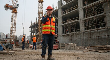 Construction worker directing operations at building site  