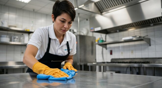 Woman cleaning kitchen countertop with focus in modern kitchen  