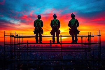 Fototapeta premium Silhouettes of construction workers on scaffolding at dusk with gradient sky high contrast lighting industrial scene