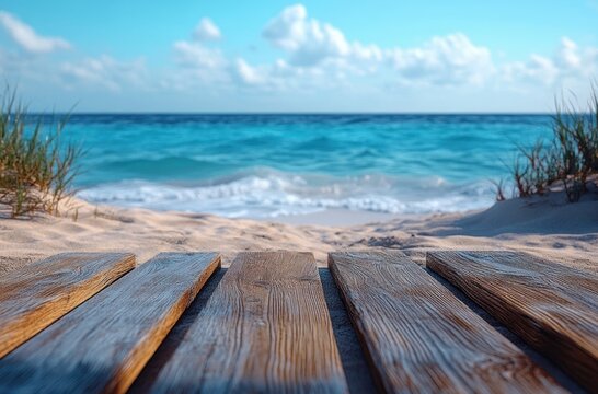 Minimalist Wooden Boardwalk Over White Sand Beach with Blue Ocean and Soft Sunlight