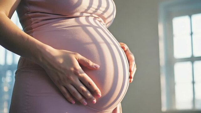 pregnant woman gently touching belly in soft sunlight, warm and peaceful atmosphere, expecting motherhood, closeup maternity care, shadow light in cozy room