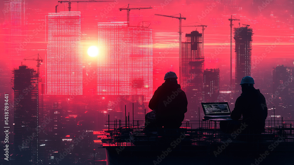 Poster it worker programming on a laptop at a futuristic city construction site with digital technology ove
