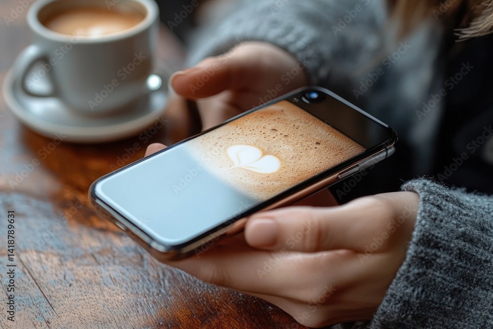 Poster close-up of hands holding smartphone with multiple apps open next to cup of coffee on rustic wooden 