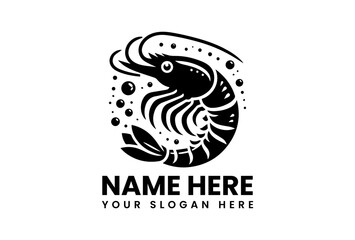 Shrimp logo: A striking black and white logo design featuring a shrimp in a circular frame, perfect for seafood businesses, restaurants, or culinary brands. A symbol of freshness, quality.